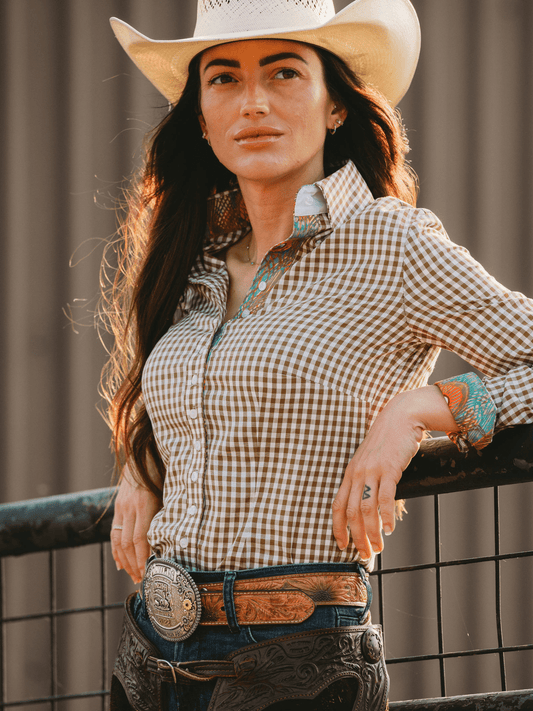 Olive gingham women's western button-down shirt by Frank & Rio with accent print, casual western style, and long sleeves.