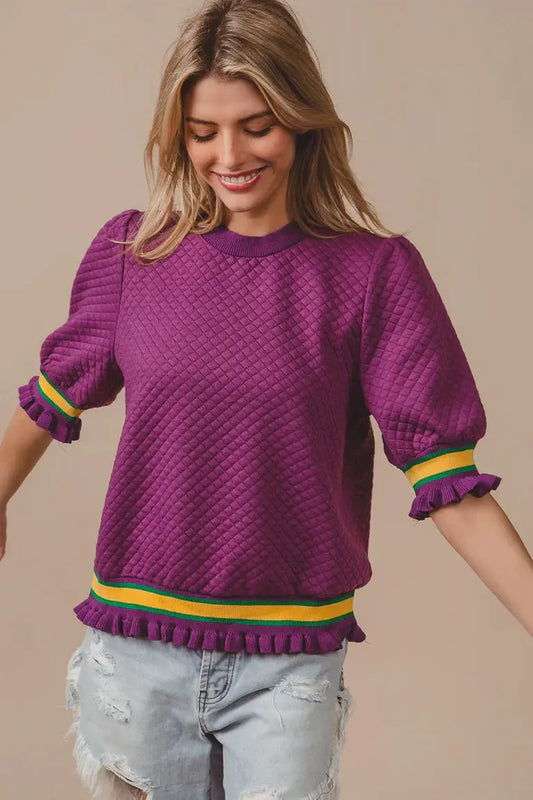 QUILTED KNIT RUFFLED HEM PUFF SLEEVES TOP - Tops