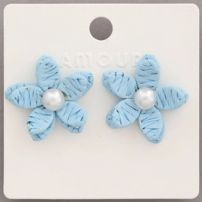 Raffia Earrings - Pearl Bead Flower  – Blue Alice & Elizabeth