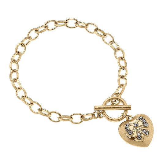 Rylan Pavé Bow Heart Charm T-Bar Bracelet in Worn Gold - Jewelry