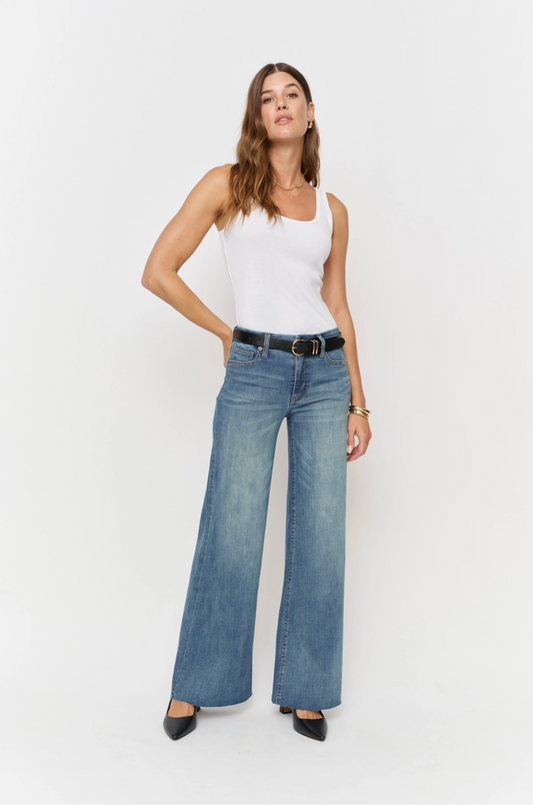Oliver Logan Crawford vintage denim bottoms featuring mid-rise fit and wide-leg, sculpted for a stylish, fitted look.