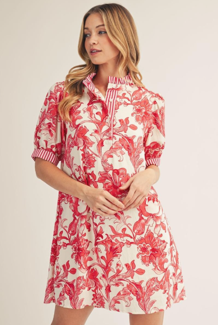 Jodiful red floral stripe puff sleeve dress with accent details, featuring a feminine design and lightweight fabric.