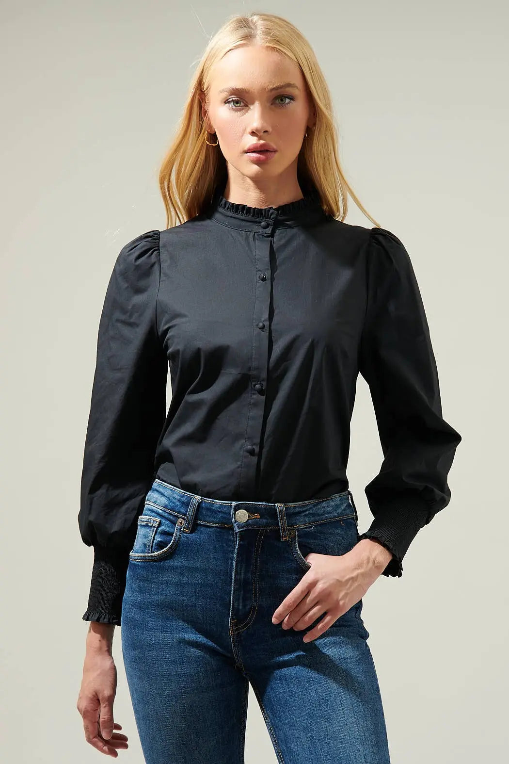 Sophia Ruffle Button-Down Top - XL / Black - Tops