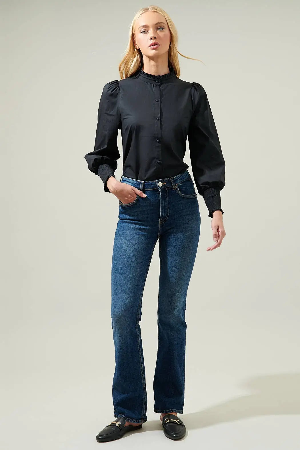 Sophia Ruffle Button-Down Top - XS / Black - Tops