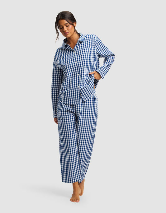Cozy Earth women's Sutton long sleeve cropped pajama set with pacific gingham top and matching cropped pants, soft and comfortable sleepwear