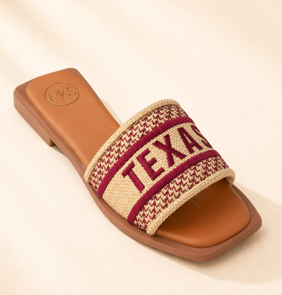 Makers Bobbie Game Day Texas sandals in burgundy with Texas logo, slip-on slide footwear for fans and casual wear.