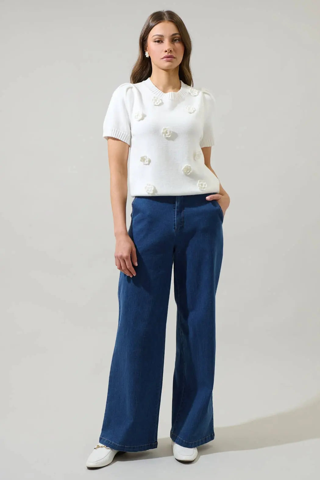 Tassa Floral Short Sleeve Sweater Top - Tops