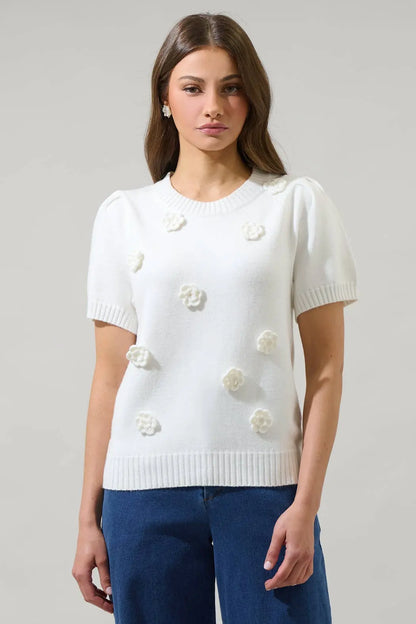 Tassa Floral Short Sleeve Sweater Top - XL / White - Tops