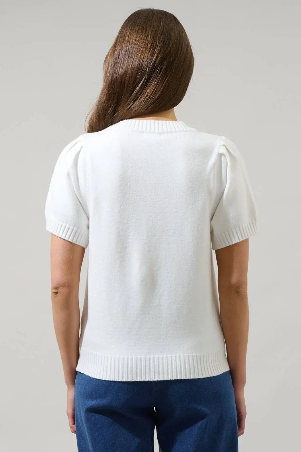 Tassa Floral Short Sleeve Sweater Top - M / White - Tops