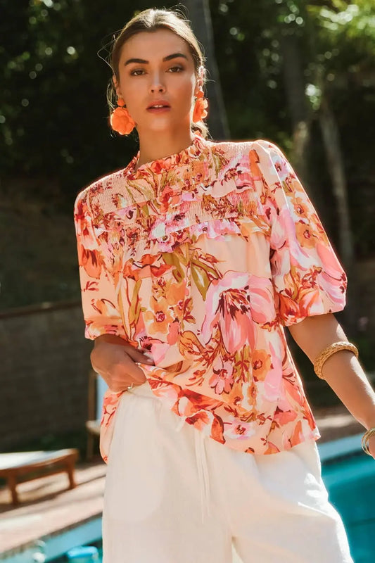 The Juliette Floral Bubble Sleeve Blouse - S - Blouses