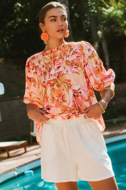 The Juliette Floral Bubble Sleeve Blouse - Blouses