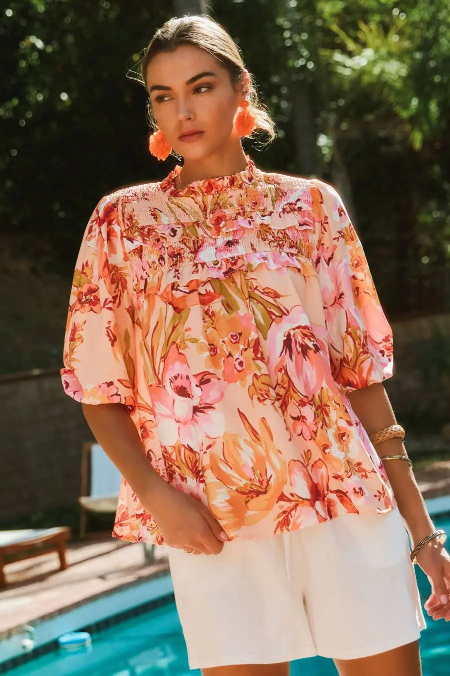 The Juliette Floral Bubble Sleeve Blouse - Blouses