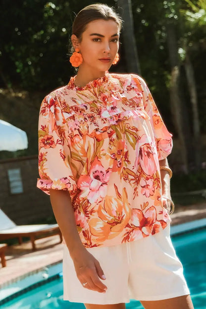 The Juliette Floral Bubble Sleeve Blouse - Blouses
