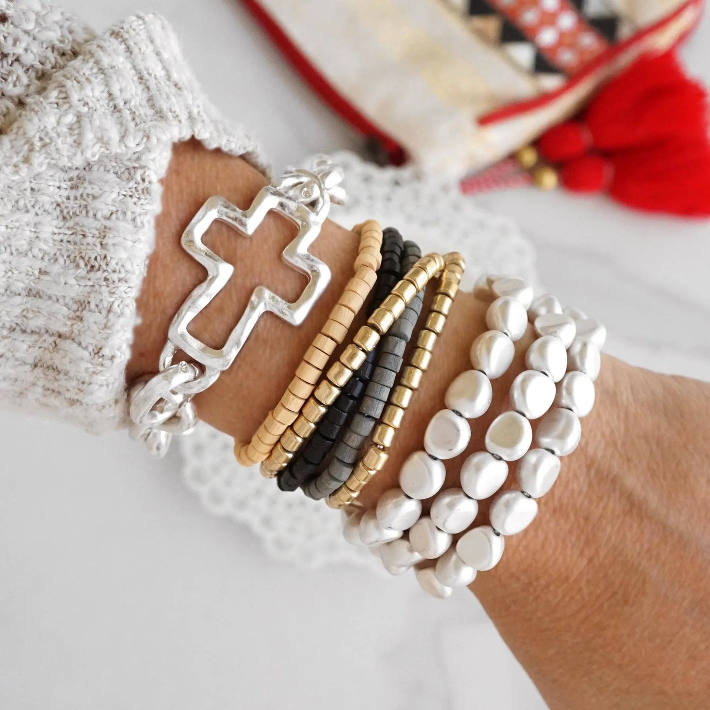 The Madeleine Chunky Cross Bracelet (Silver) - Jewelry