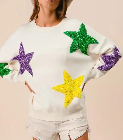 BIBI Mardi Gras velvet sweater with gold sequin star patches, soft fabric, long sleeves, and festive design perfect for celebrations.