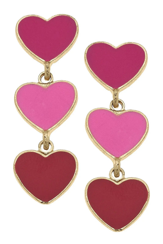 Valentines Triple Drop Enamel Heart Earrings with pink and red hearts on gold-tone base.