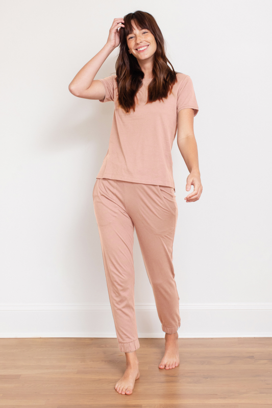 Leena & Lu Pima short sleeve jogger set pajamas with comfortable matching top and pants in soft fabric.