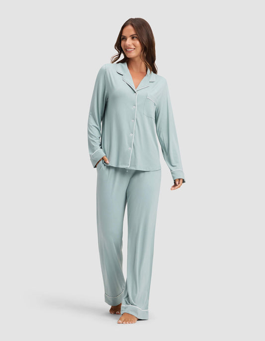 Women's bamboo stretch-knit long sleeve pajama set by Cozy Earth, featuring soft, comfortable fabric and classic pajama pant design.