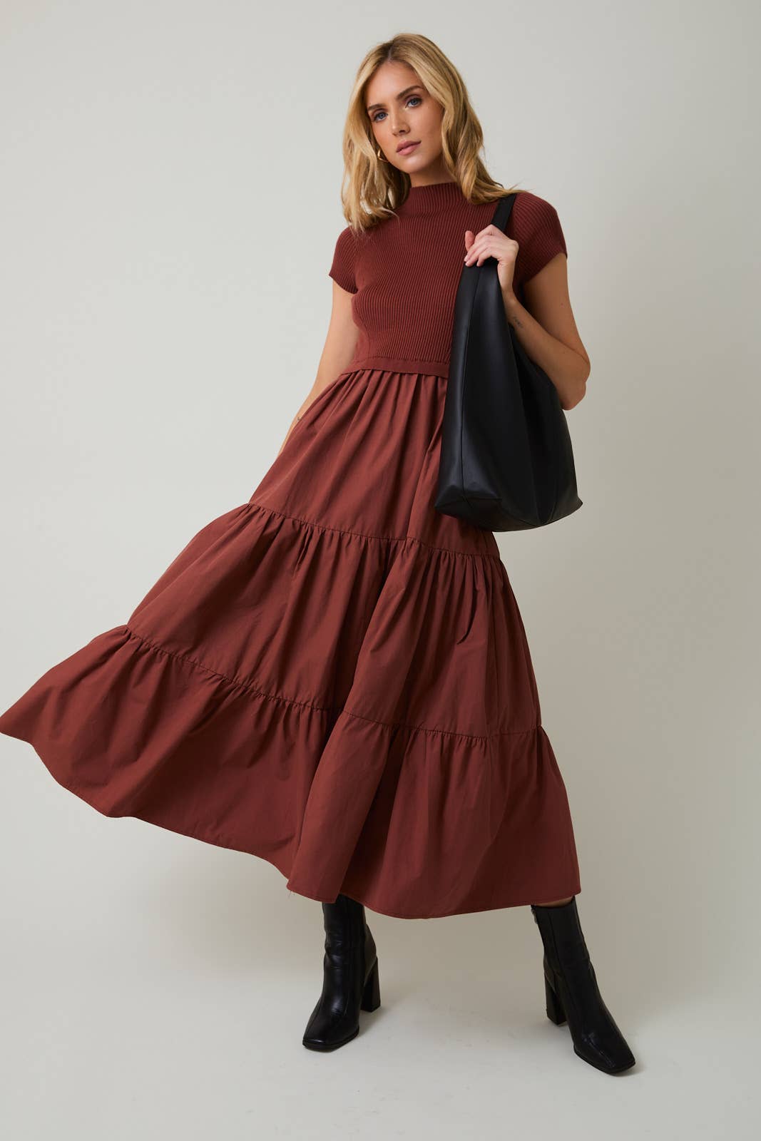 Maren Tiered Mock-Neck Midi Dress – Chestnut