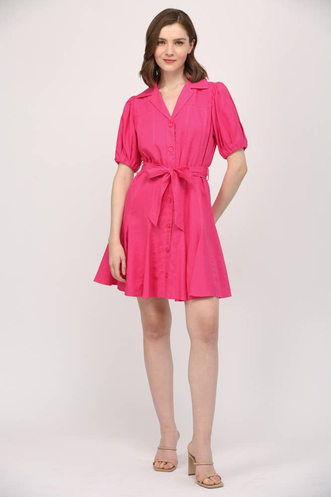 City Bloom Puff-Sleeve Linen Mini (Fuchsia)