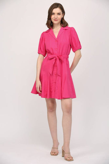 City Bloom Puff-Sleeve Linen Mini (Fuchsia)