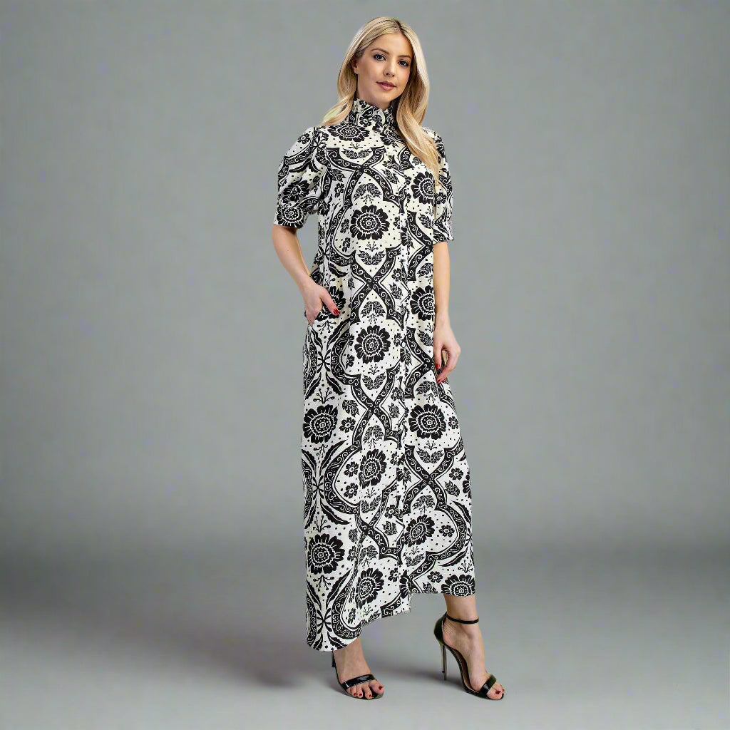 Eva Ruffled-Neck Maxi Dress – Black