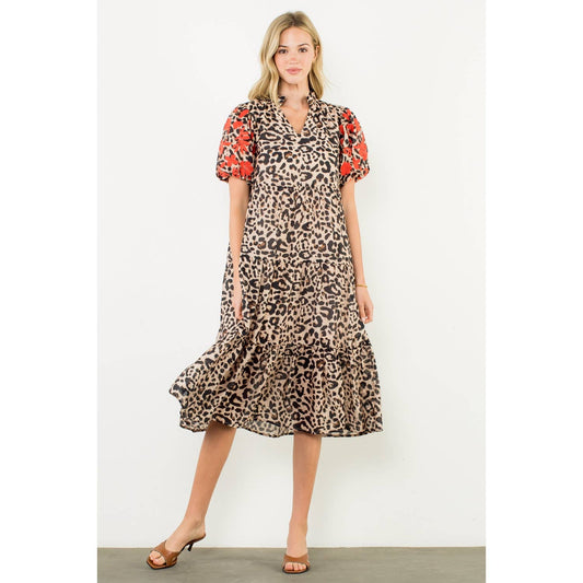 The Maren Dress — Embroidered Puff Sleeve Cheetah Dress