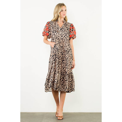 The Maren Dress — Embroidered Puff Sleeve Cheetah Dress
