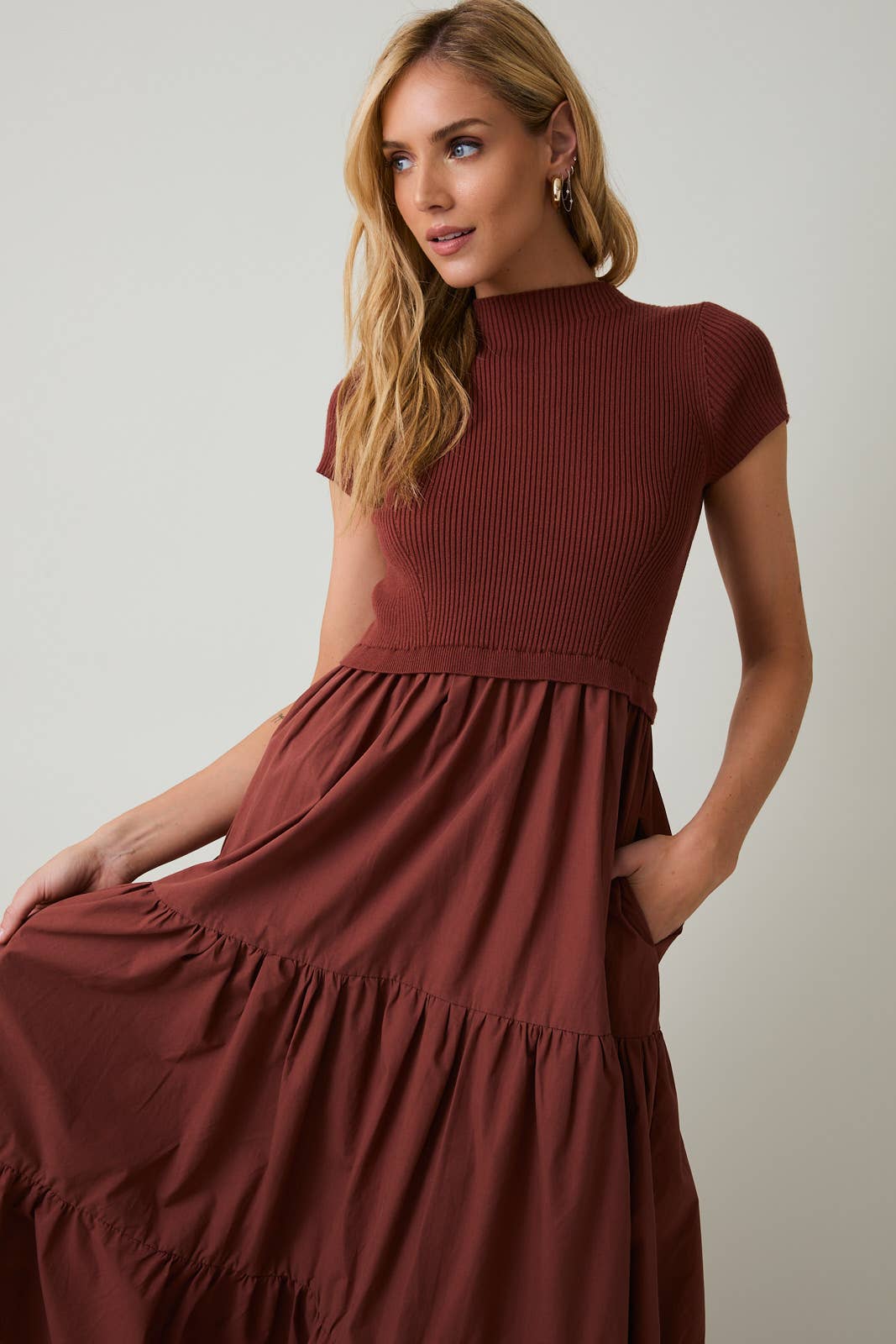 Maren Tiered Mock-Neck Midi Dress – Chestnut