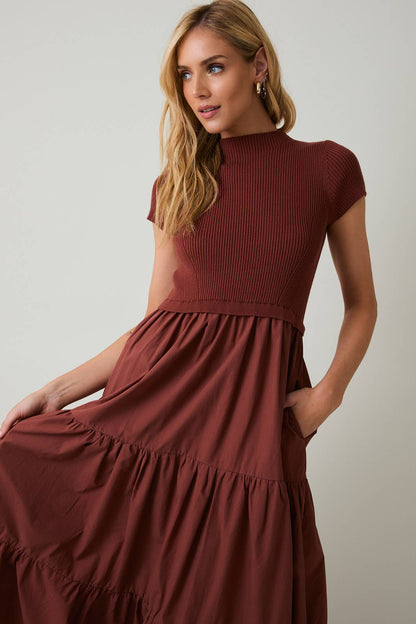 Maren Tiered Mock-Neck Midi Dress – Chestnut