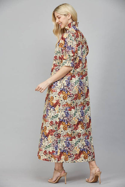Garden Stroll Ruffle-Neck Midi Dress (Ivory Multi)