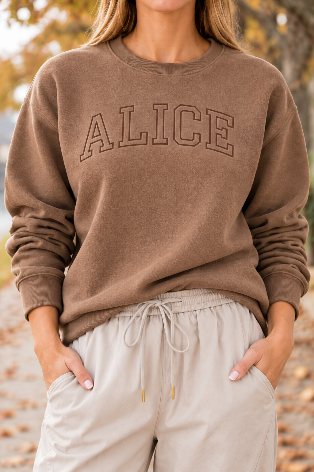 ALICE brown sweatshirt, front lettering and fabric detail