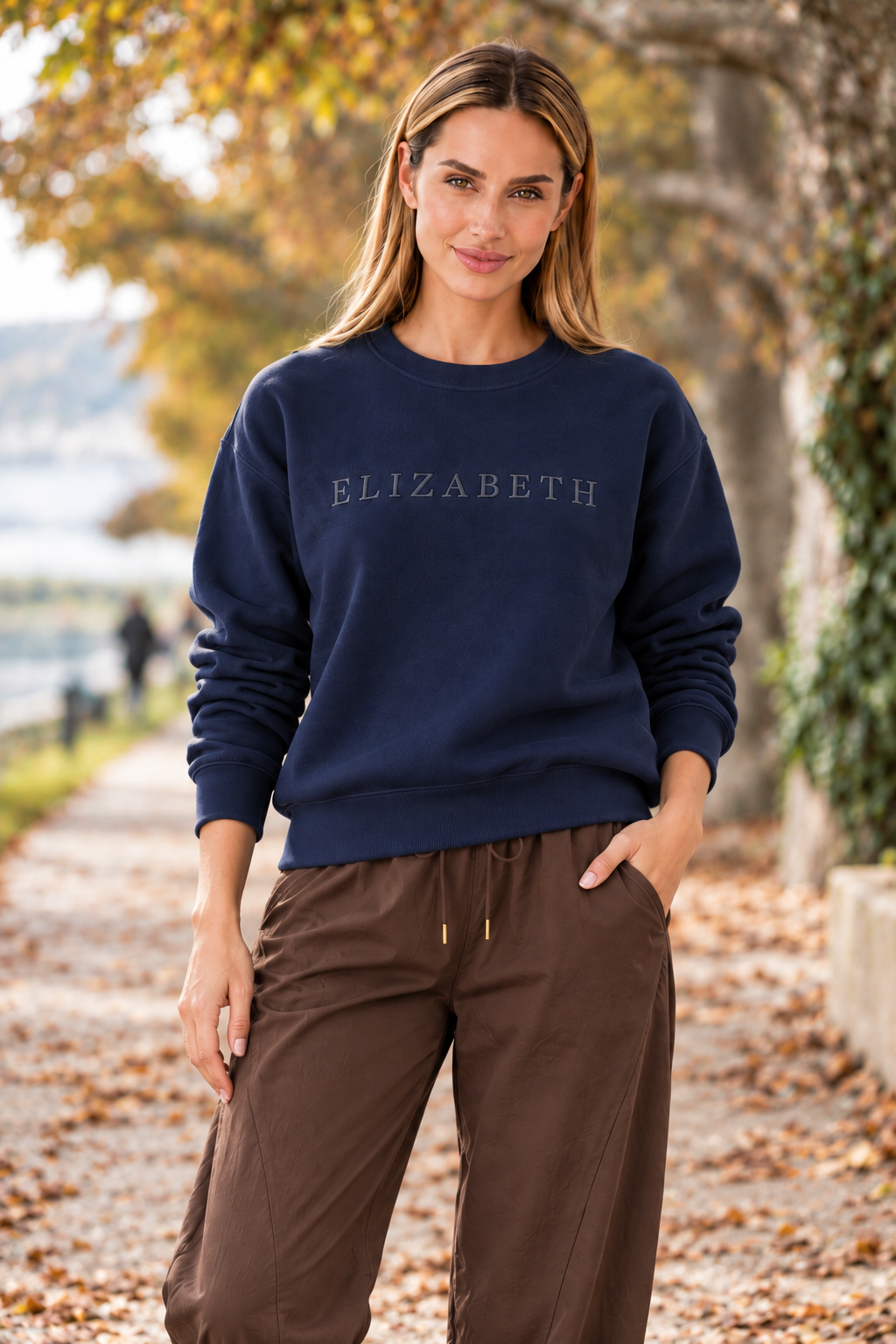 ELIZABETH navy sweatshirt, closer lifestyle view