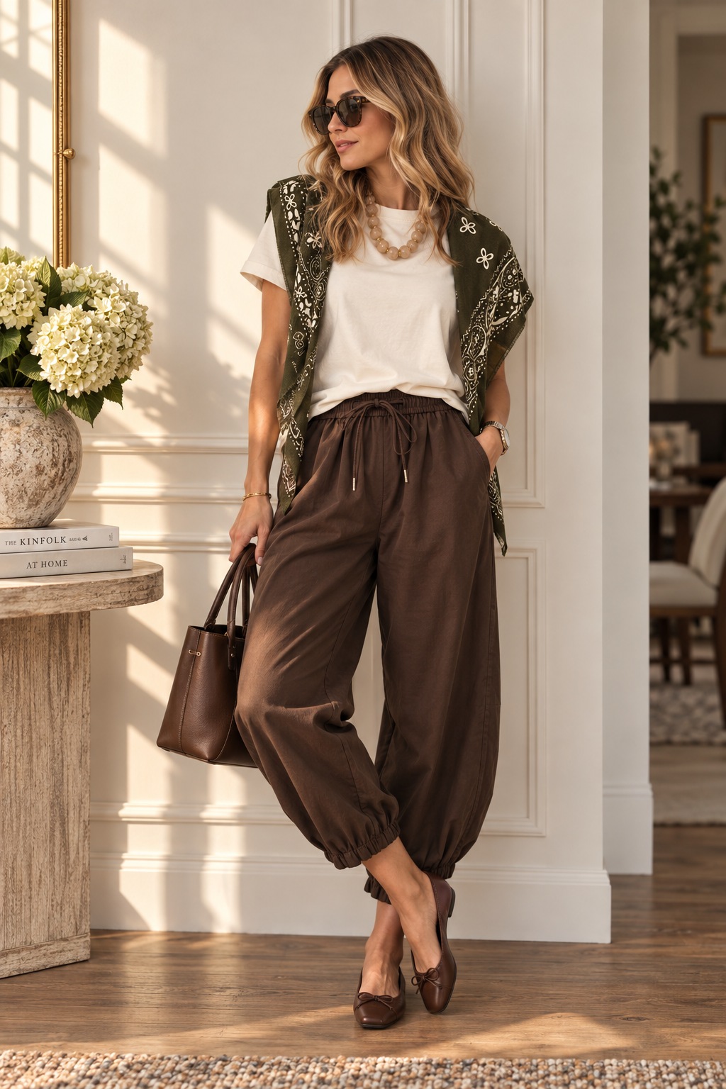 Oyster crew-neck top styled with chocolate balloon pants and olive scarf