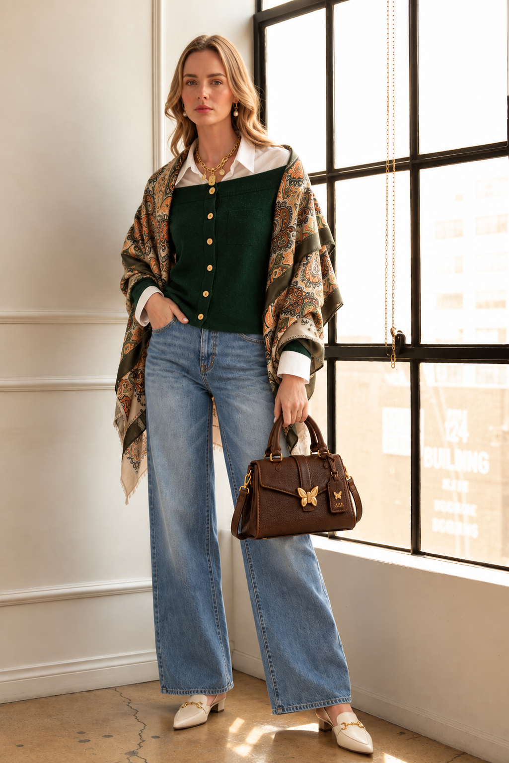 Hunter green knit top styled with denim and a paisley shawl