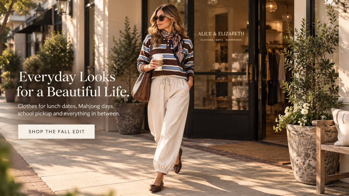 Fall campaign: striped polo and ivory balloon pants, walking outside; Everyday Looks for a Beautiful Life. Clothes for lunch dates, Mahjong days, school pickup and everything in between. Shop the Fall Edit.