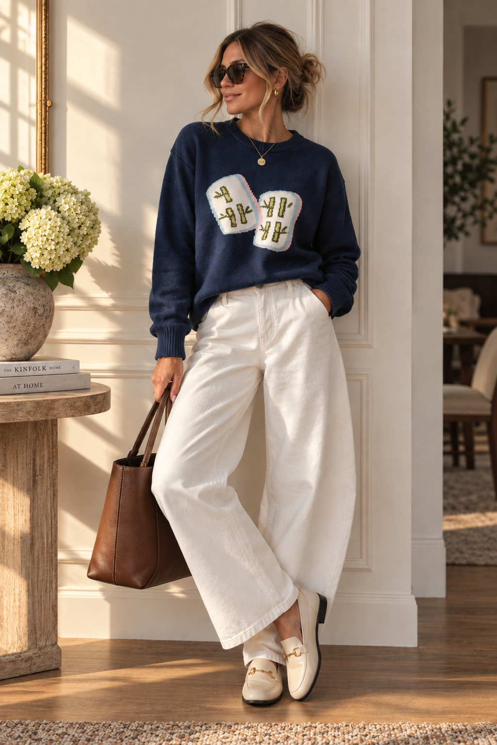 Navy dice intarsia sweater styled with white barrel pants