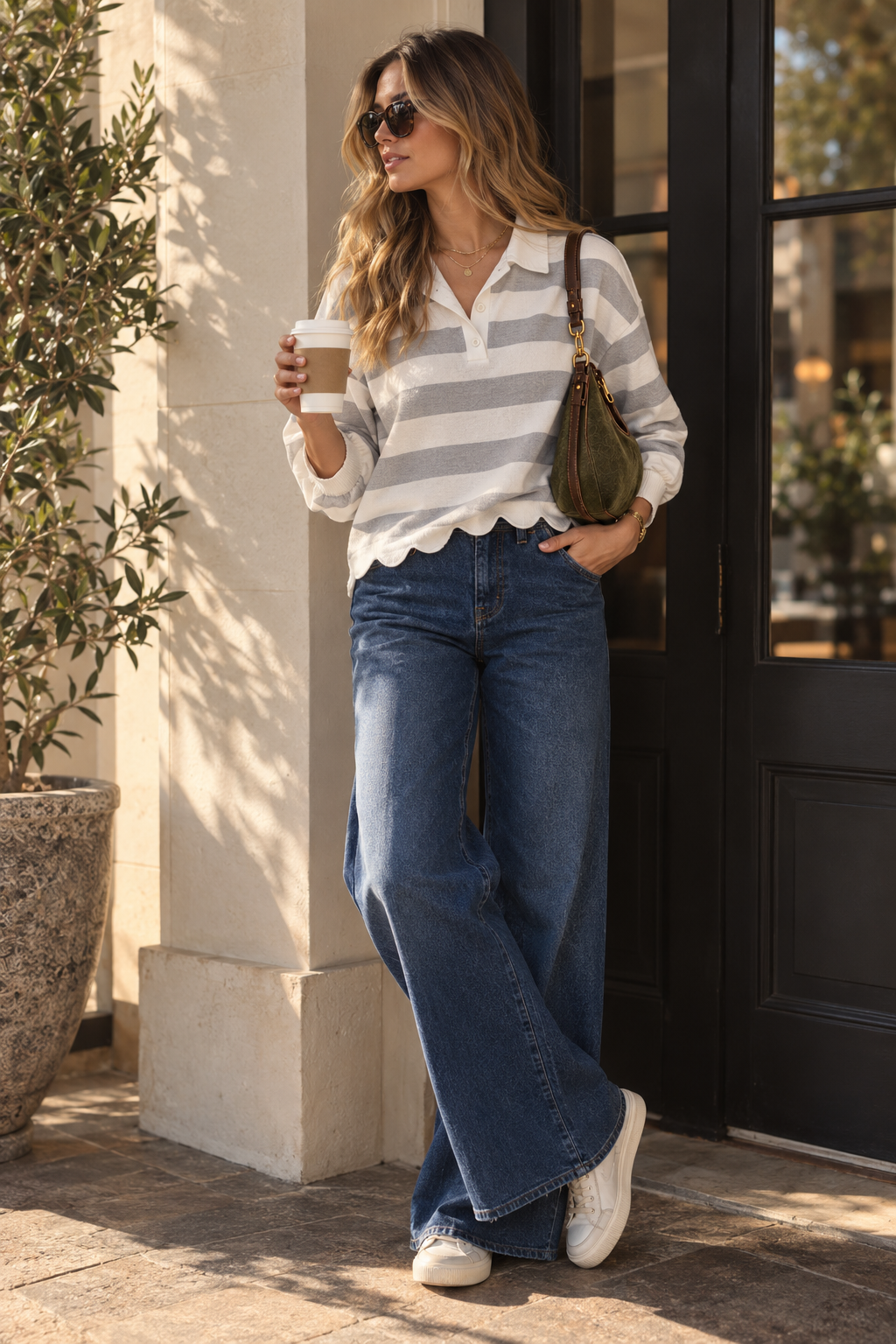 Grey and ivory scallop-edge striped polo styled with denim