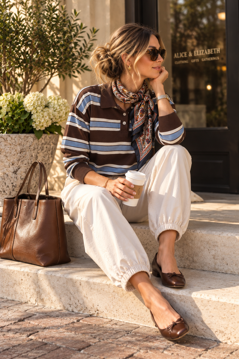 Seated Fall look with striped brown and blue polo, ivory balloon pants and scarf
