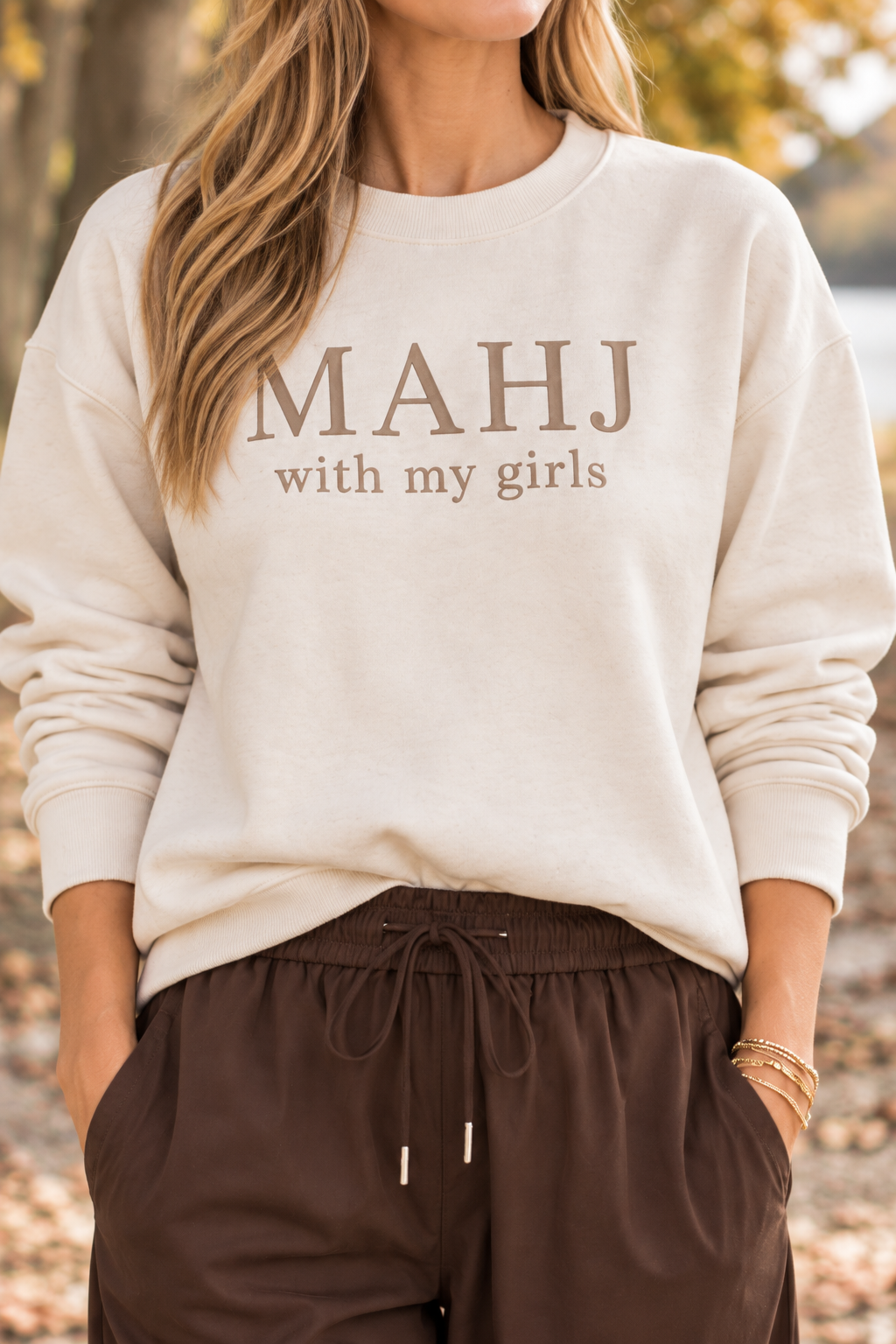 MAHJ with my girls ivory sweatshirt, front lettering and fabric detail
