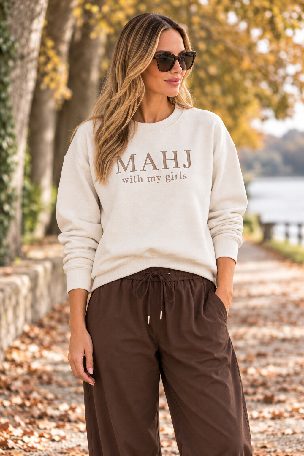 MAHJ with my girls ivory sweatshirt, closer lifestyle view