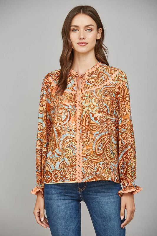 Rosalie Decorative-Trim Print Blouse (Rust Multi)
