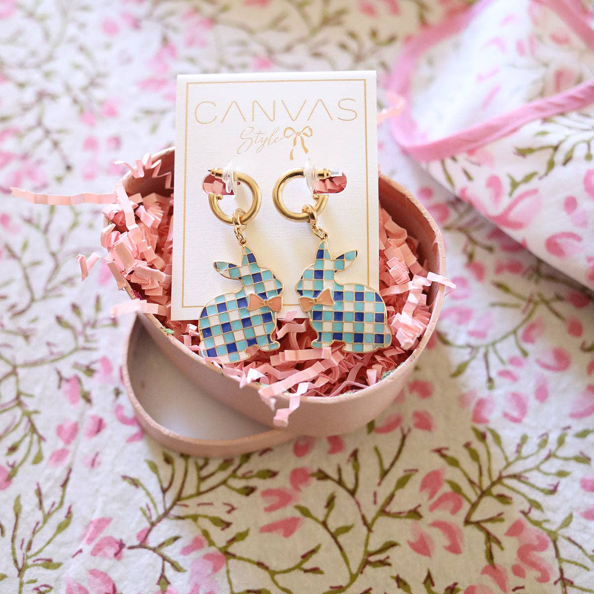 Blue Stella Gingham Bunny earrings by Canvas Style featuring charming gingham-patterned bunny design in jewelry style.