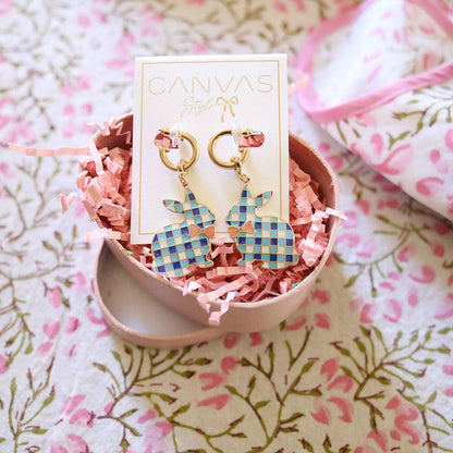 Blue Stella Gingham Bunny earrings by Canvas Style featuring charming gingham-patterned bunny design in jewelry style.