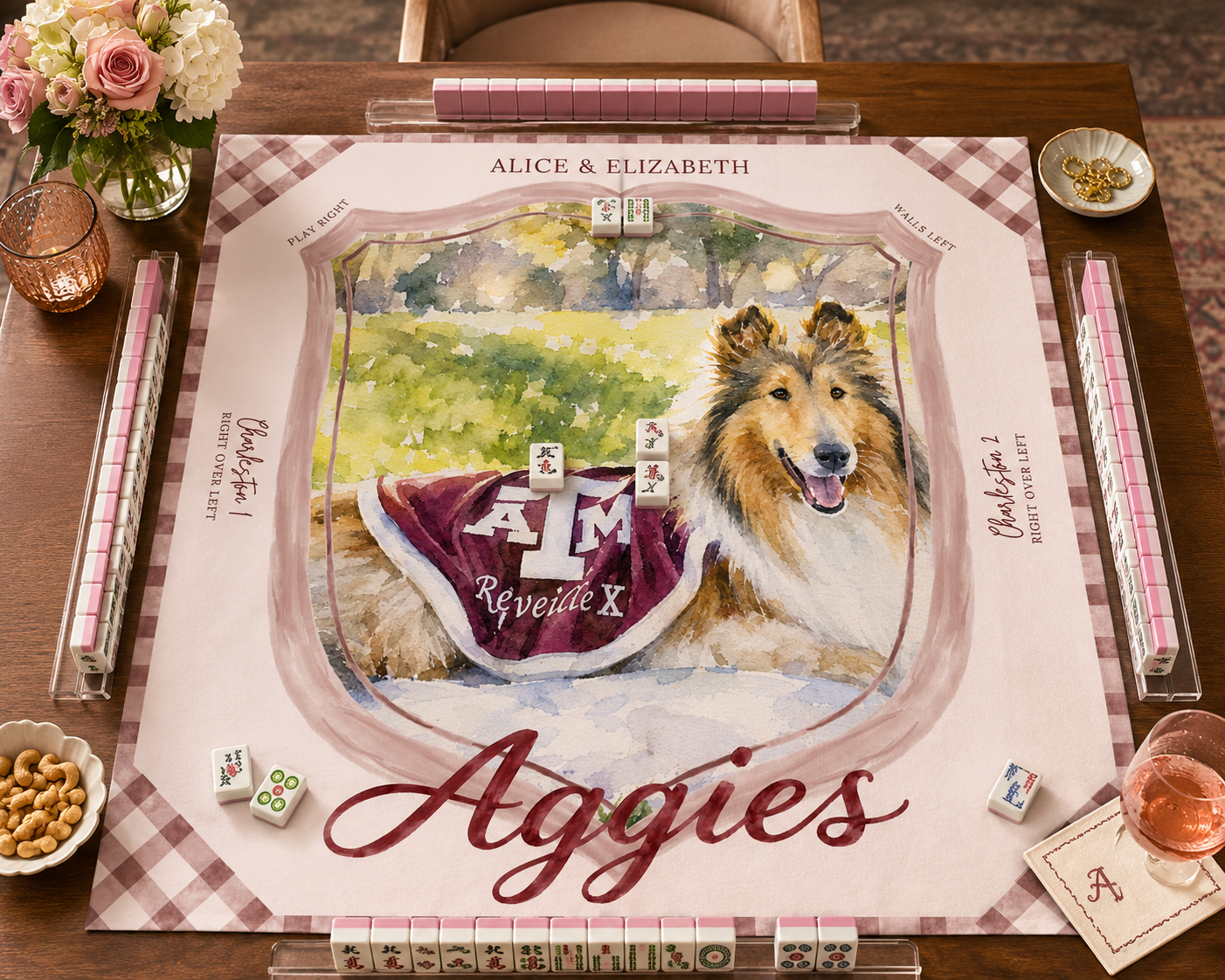 Aggies mahjong mat styled on a game table