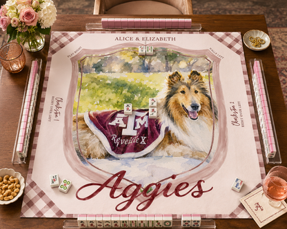 Aggies mahjong mat styled on a game table
