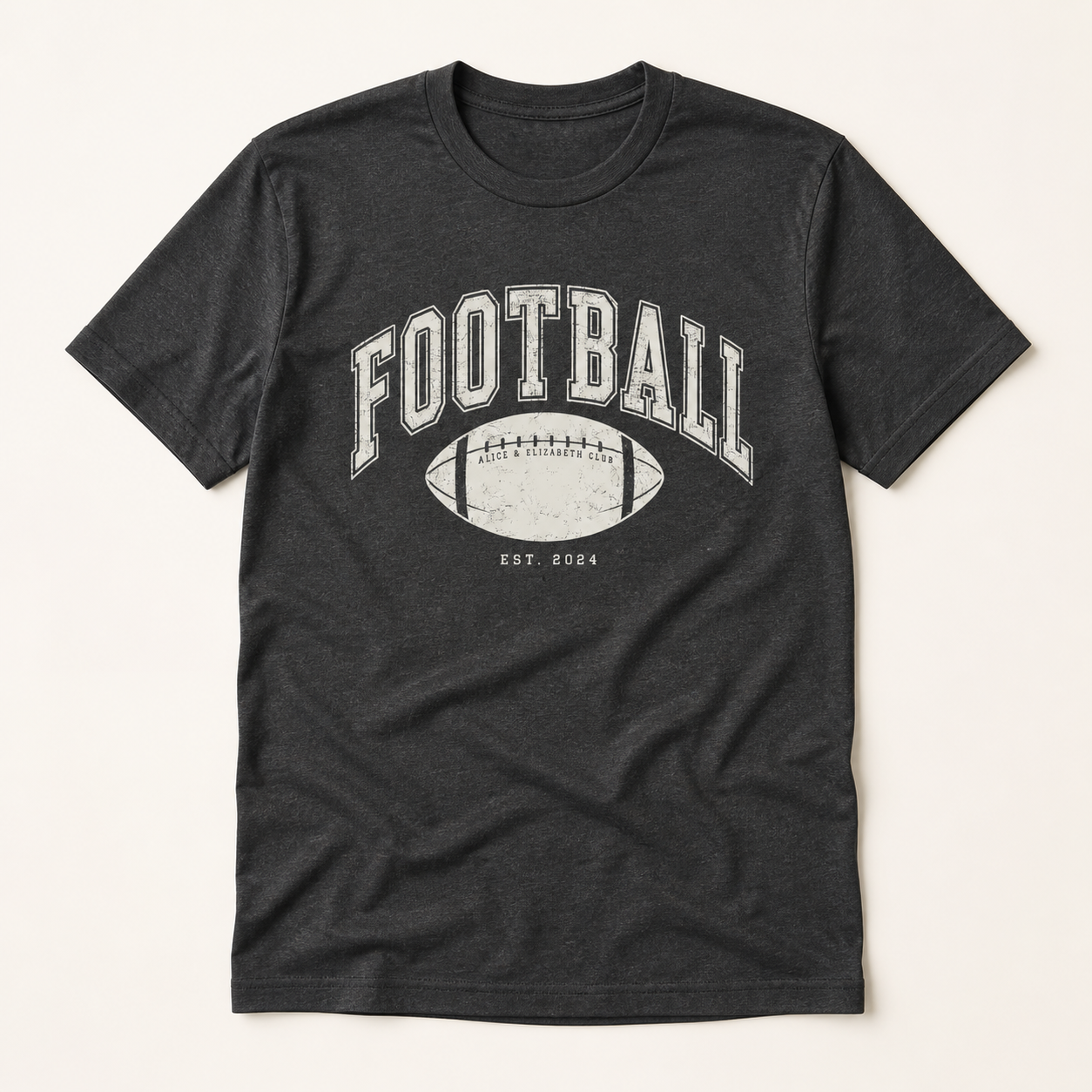 Alice & Elizabeth Football Tee in Charcoal, boutique flat-lay product view