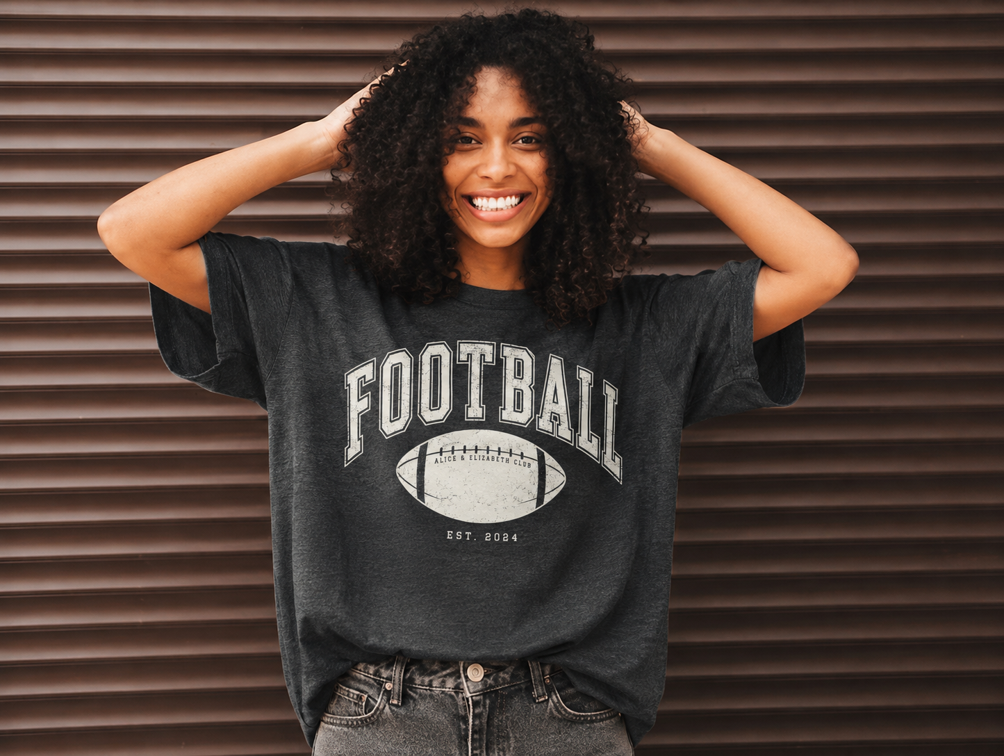 Alice & Elizabeth Football Tee in Charcoal, modeled lifestyle view