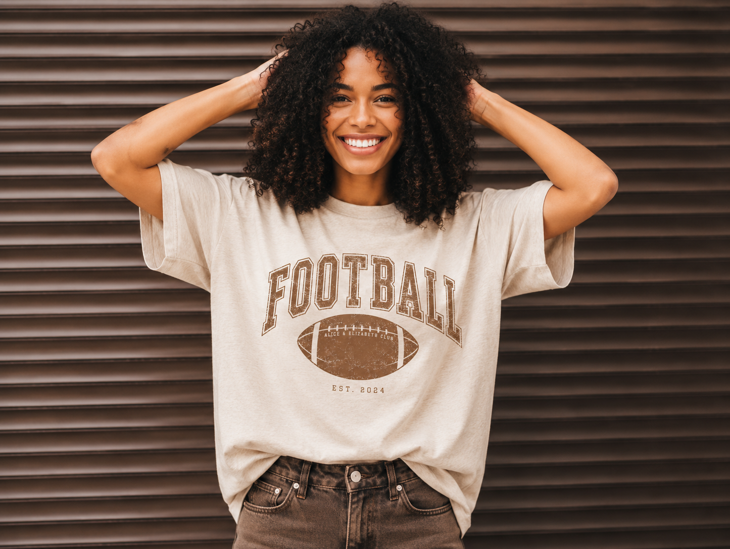 Alice & Elizabeth Football Tee in Cream, modeled lifestyle view