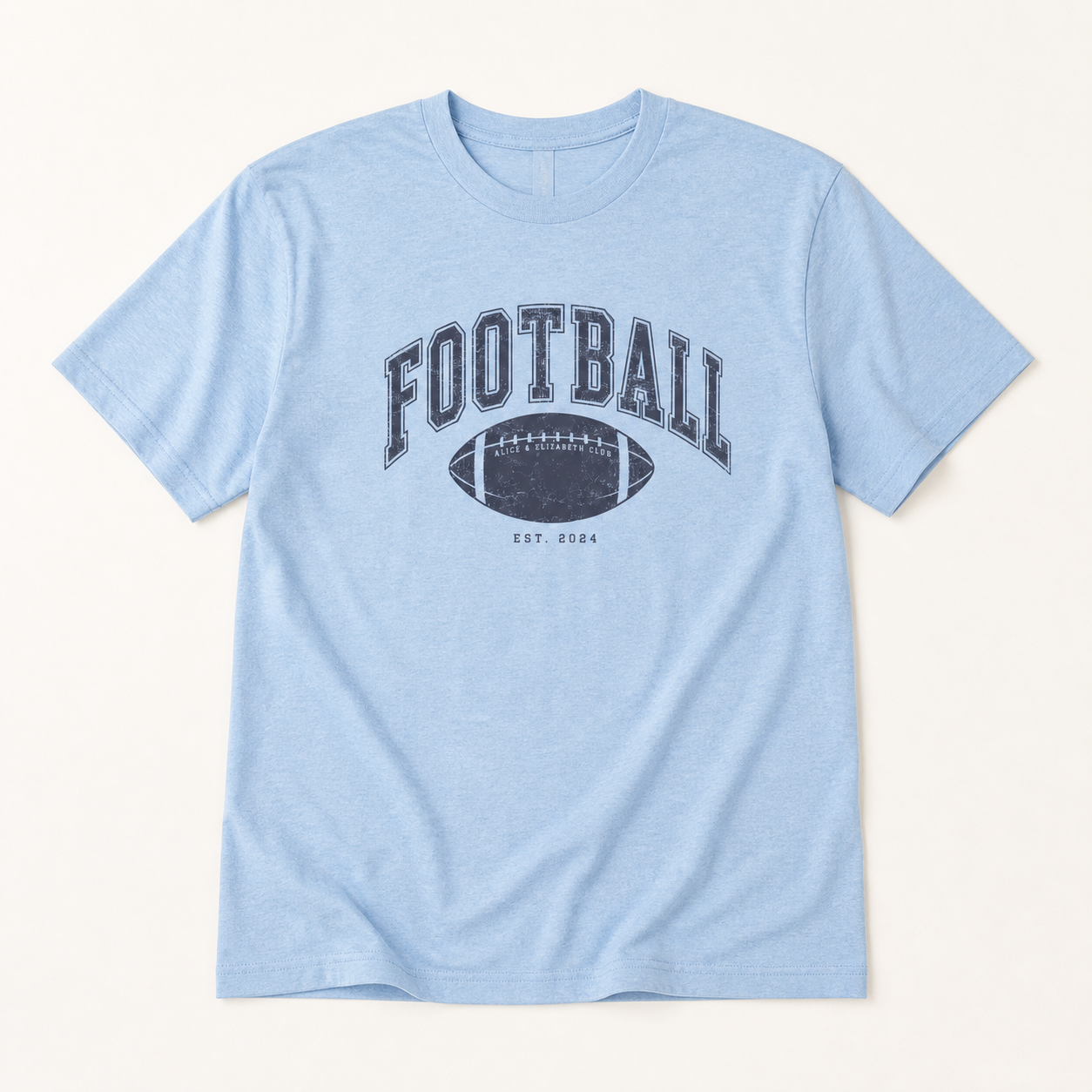 Alice & Elizabeth Football Tee in Heather Cool Blue, boutique flat-lay product view